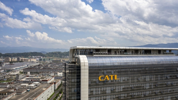 The Contemporary Amperex Technology Co. (CATL) logo is displayed atop its headquarters building in this aerial photograph taken in Ningde, Fujian province, China, on Wednesday, June 3, 2020. CATL's battery products are in the vehicles of almost every major global auto brand, and starting this month they'll also power electric cars manufactured by Tesla at its factory on the outskirts of Shanghai.