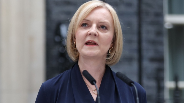 Liz Truss, UK prime minister, delivers her first speech as premier outside 10 Downing Street in London, UK, on Tuesday, Sept. 6, 2022. Truss is finalizing plans for a £40 billion ($46 billion) support package to lower energy bills for UK businesses.