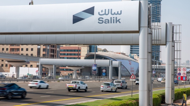 A Salik PJSC toll gate on Sheikh Zayed Road in Dubai, United Arab Emirates, on Tuesday, Sept. 27, 2022. Dubai’s road-toll operator drew $50 billion in orders for its initial public offering, underscoring the high demand for Middle Eastern deals despite a worsening backdrop for the global economy.