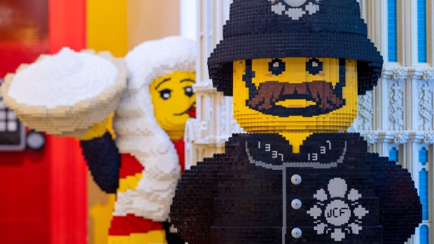 A figure of a British policeman built from Lego bricks at the Lego A/S store in London, U.K., on Monday, March 7, 2022. The Lego Group will report their annual results on Tuesday.
