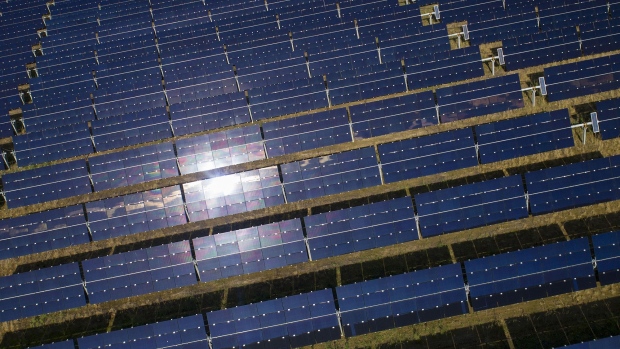 Solar panels at a solar generating facility in this aerial photograph taken above Selmer, Tennessee.