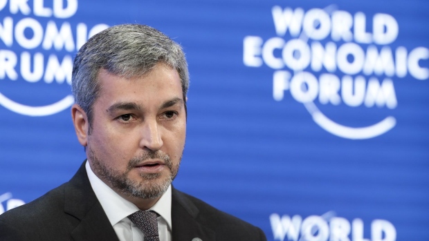 Mario Abdo Benitez, Paraguay's president, speaks during a panel session on the opening day of the World Economic Forum (WEF) in Davos, Switzerland, on Tuesday, Jan. 22, 2019. World leaders, influential executives, bankers and policy makers attend the 49th annual meeting of the World Economic Forum in Davos from Jan. 22 - 25.