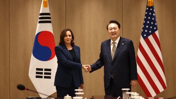 US Vice President Kamala Harris at the United Nations Command Military Armistice Commission (UNCMAC) conference buildings at the truce village of Panmunjom in the Demilitarized Zone (DMZ) in Paju, South Korea, on Thursday, Sept. 29, 2022. Harris went to the Demilitarized Zone dividing the two Koreas, in a high-stakes visit for Washington that came just hours after Kim Jong Un’s regime fired two short-range ballistic missiles into the sea.