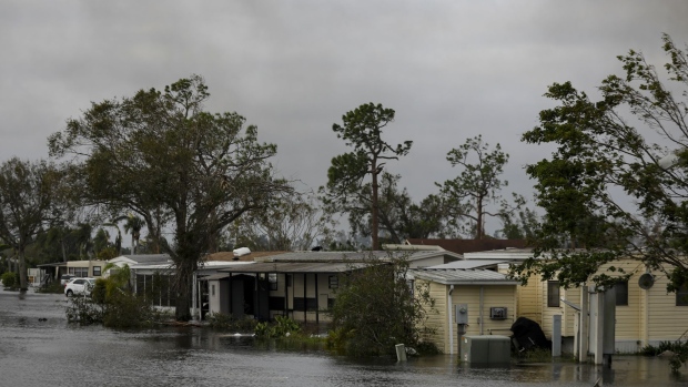 A flooded trailer park following Hurricane Ian in Fort Myers, Florida, US, on Thursday, Sept. 29, 2022. Hurricane Ian, one of the strongest hurricanes to hit the US, weakened to a tropical storm but continues to dump rain on the state as it makes its way up the US Southeast.