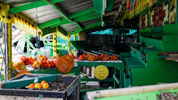 A damaged produce store following Hurricane Ian in Fort Myers, Florida, US, on Thursday, Sept. 29, 2022. Ian, now a hurricane again, is threatening to carve a new path of destruction through South Carolina Friday when it roars ashore north of Charleston.