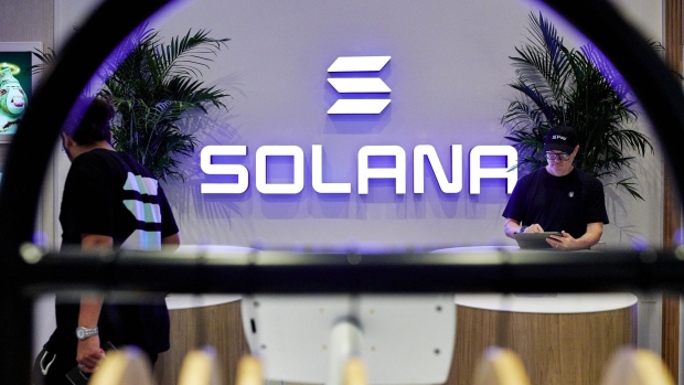 Signage at the Solana Space retail store at Hudson Yards in New York, US, on Monday, Aug. 8, 2022. Mikkel Morch, executive director at Digital Asset Investment Fund ARK36, said that he sees the recent efforts with Solanas mobile phone and the Solana Spaces store as emblematic of "Solana's grand ambitions to become the pioneer of mainstream adoption of web3." Photographer: Gabby Jones/Bloomberg