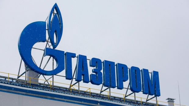 A Gazprom logo above the Gazprom PJSC Slavyanskaya compressor station, the starting point of the Nord Stream 2 gas pipeline, in Ust-Luga, Russia, on Thursday, Jan. 28, 2021. Nord Stream 2 is a 1,230-kilometer (764-mile) gas pipeline that will double the capacity of the existing undersea route from Russian fields to Europe -- the original Nord Stream -- which opened in 2011. Photographer: Andrey Rudakov/Bloomberg