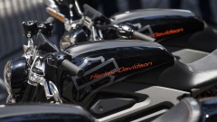NEW YORK, NY - JUNE 23: Harley Davidson Livewire motorcycles, Harley Davidson's first electric bike, sits on display outside the Harley Davidson Store on June 23, 2014 in New York City. The Livewire has 74 horsepower and a top speed of 92 miles per hour. (Photo by Andrew Burton/Getty Images)