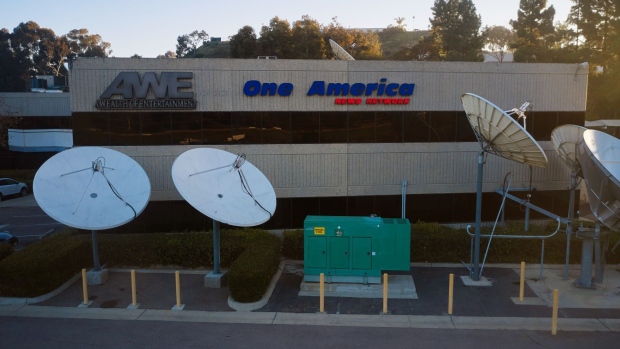 The One America News Network (OANN) headquarters in San Diego, California, U.S., on Wednesday, Feb. 2, 2022. DirecTV's decision to drop One America News Network puts pressure on the conservative cable outlet to replace that lost revenue, possibly by building out its online presence.