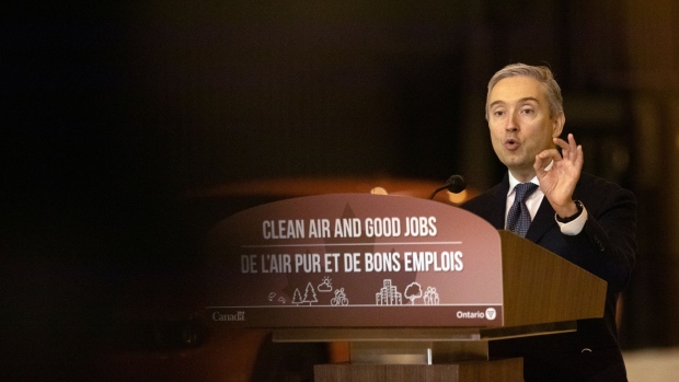 Francois-Philippe Champagne makes an electric-vehicle announcement in Windsor, Ontario on May 2, 2022.