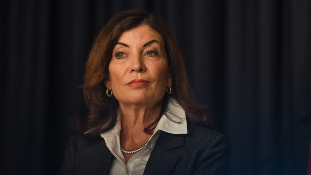 Kathy Hochul, governor of New York, during a New York State Financial Control Board meeting in New York, US, on Tuesday, Sept. 6, 2022. The New York State Financial Control Board discussed the Fiscal Year 2023 adopted budget and financial plan.