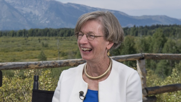 Catherine Mann, chief economist at the Organization for Economic Cooperation and Development (OECD), smiles during a Bloomberg Television interview at the Jackson Hole economic symposium, sponsored by the Federal Reserve Bank of Kansas City, in Moran, Wyoming, U.S., on Friday, Aug. 25, 2017. Mann discussed ECB President Mario Draghi's remarks.