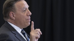 Francois Legault, Quebec's premier, speaks during a summit hosted by Quebec’s association of municipal governments in Montreal, Quebec, Canada, on Friday, Sept. 16, 2022. Quebec's major party leaders are back on the campaign trail today after last night's leaders' debate, The Canadian Press reports.