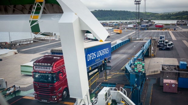 A haulage trucks boards a ferry at Larne Port in Larne, Northern Ireland, UK, on Wednesday, July 6, 2022. British Prime Minister Boris Johnson wants Parliament to pass his plan to override the Brexit deal by the end of 2022, but it could take as long as a year to become law if the House of Lords digs in.