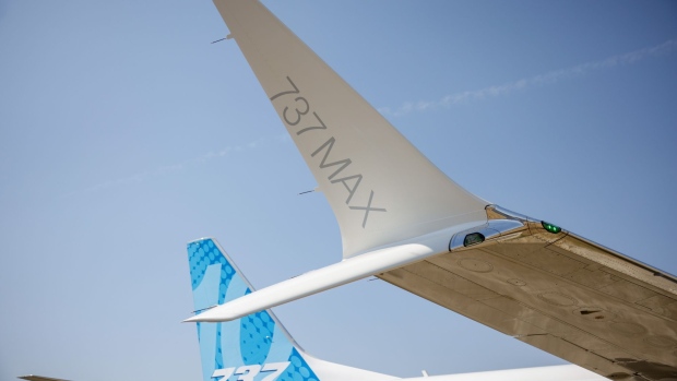 The wingtips of a Boeing 737 Max 10 on display on day two of the Farnborough International Airshow in Farnborough, UK, on Tuesday, July 19, 2022. The airshow, one of the biggest events in the global aerospace industry, runs through July 22.