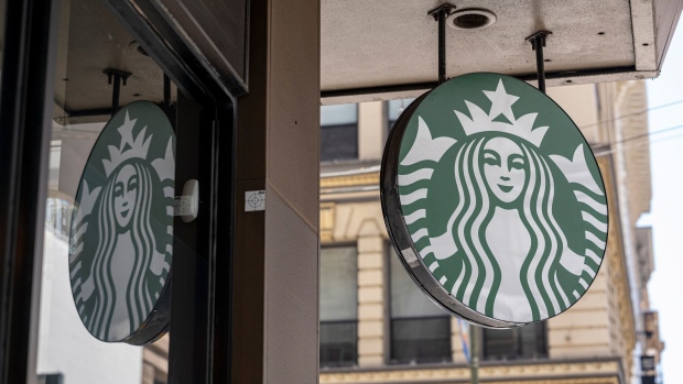 Signage outside a Starbucks coffee shop in San Francisco, California, U.S., on Thursday, April 28, 2022. Starbucks Corp. is expected to release earnings figures on May 3.