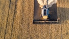 A combine harvester cuts wheat on a farm near Dinsmore, Saskatchewan, Canada, on Monday, Aug. 29, 2022. Output from the world’s seventh-largest wheat exporter will rise 55% to 34.6 million metric tons this year as yields improve amid better moisture and more moderate temperatures, Statistics Canada said Monday in a report.