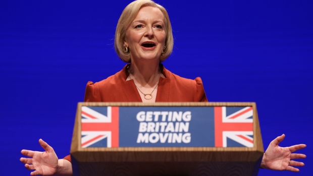 Liz Truss, UK prime minister, delivers her keynote speech during the Conservative Party's annual autumn conference in Birmingham, UK, on Wednesday, Oct. 5, 2022. Truss is struggling to keep control less than a month into her tenure, already forced into a humiliating U-turn over her plan to cut income tax for Britain’s highest earners, which spooked financial markets and hammered support for the Tories in opinion polls.