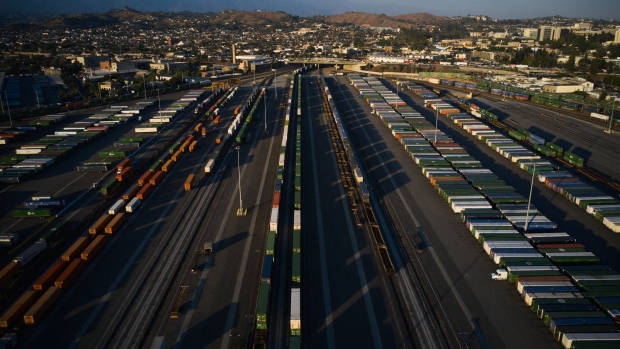 Shipping containers at a Union Pacific rail terminal in Los Angeles, California, US on Wednesday, Sept. 14, 2022. Railroads and unions have until Friday to resolve a labor dispute that risks a crippling shutdown of the nations freight-rail network, wreaking havoc on the US economy. Photographer: Bing Guan/Bloomberg