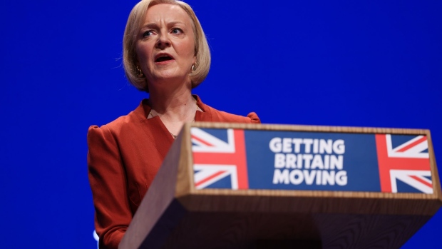 Liz Truss, UK prime minister, delivers her keynote speech during the Conservative Party's annual autumn conference in Birmingham, UK, on Wednesday, Oct. 5, 2022. Truss is struggling to keep control less than a month into her tenure, already forced into a humiliating U-turn over her plan to cut income tax for Britain’s highest earners, which spooked financial markets and hammered support for the Tories in opinion polls.
