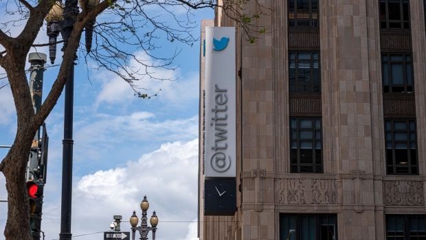 Twitter headquarters in San Francisco, California, U.S., on Thursday, April 21, 2022. Elon Musk said Morgan Stanley and other financial institutions are providing about $25.5 billion in debt financing for his bid to buy Twitter Inc. as he looks to pile pressure on the company to engage with his offer.