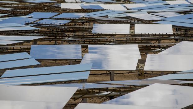Solar panels stand at the Ivanpah Solar Electric Generating System in the Mojave Desert near Primm, Nevada.