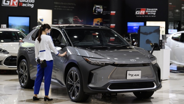 A Toyota Motor Corp. bZ4X electric sport utility vehicle (SUV) on display at the company's showroom in Toyota City, Aichi Prefecture, Japan, on Monday, June 13, 2022. Toyota will hold its annual shareholders' meeting on June 15.