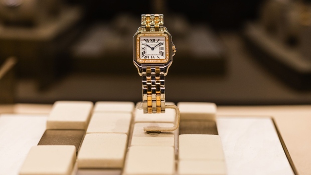 A Cartier de Panthere wristwatch on display at a Cartier luxury goods store, operated by Cie. Financiere Richemont SA, on Boulevard des Capucines in Paris, France, on Thursday, May 20, 2021. Richemont report full year earnings on May 21.