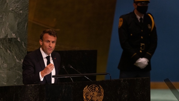Emmanuel Macron, France's president, speaks during the United Nations General Assembly (UNGA) in New York, US, on Tuesday, Sept. 20, 2022. US President Biden, UK Prime Minister Truss and New Zealand Prime Minister Ardern are among the heads of state attending this year after Covid-19 moved the gathering online in 2020 and limited the in-person event in 2021.