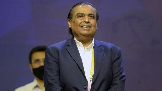 Mukesh Ambani, chairman of Reliance Industries Ltd., at India Mobile Congress 2022 in New Delhi, India, on Saturday, Oct. 1, 2022. Narendra Modi, India's prime minister, announced the launch of 5G services in India during the event on Oct. 1.