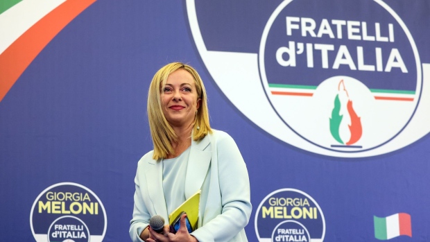 Giorgia Meloni, leader of the Brothers of Italy party, reacts at the party's general election night event in Rome, Italy, on Monday, Sept. 26. 2022. Giorgia Meloni is on track to lead Italys most right-wing government since World War II after exit polls projected a clear victory for her coalition in Sundays election.