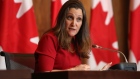 Chrystia Freeland, Canada's deputy prime minister and finance minister, speaks during a news conference on Parliament Hill in Ottawa, Ontario, Canada, on Wednesday, Feb. 23, 2022. Canada is lifting the emergency powers it enacted more than a week ago to get street protests under control, with Prime Minister Justin Trudeau saying the unprecedented authority is no longer needed.