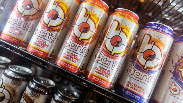Bang Energy beverages during a BevNET event in New York, US, on Thursday, June 16, 2022. CEO Jack Owoc's brand came from nowhere and shot past $1 billion in annual sales, put a scare into Red Bull and Monster, and turned this man from Miami into a glitzy, hyped-up cross of business, Bible verses, science, sex appeal, and cocksure ostentation.