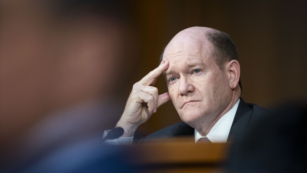 Senator Chris Coons, a Democrat from Delaware, during a Senate Judiciary Committee confirmation hearing for Ketanji Brown Jackson, associate justice of the U.S. Supreme Court nominee for U.S. President Joe Biden, in Washington, D.C., U.S., on Tuesday, March 22, 2022. Jackson on Monday vowed to defend American democracy as she began her testimony before a Senate panel considering her nomination to be the first Black woman to serve on the U.S. Supreme Court.