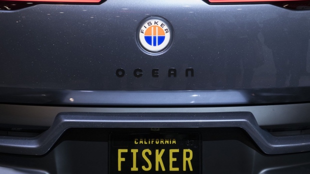 The Fisker Inc. logo sits on an Ocean electric sports utility vehicle (SUV) sits on display at CES 2020 in Las Vegas, Nevada, U.S., on Wednesday, Jan. 8, 2020. Every year during the second week of January nearly 200,000 people gather in Las Vegas for the tech industry's most-maligned, yet well-attended event: the consumer electronics show.