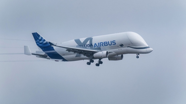An Airbus SE A330 Beluga XL super-transporter aircraft lands at the Airbus SE factory in Toulouse, France, on Thursday, Oct. 8, 2020. For the more than 159,000 people working at companies in France's southwest directly tied to the sector, hanging on to their jobs has become the biggest preoccupation.