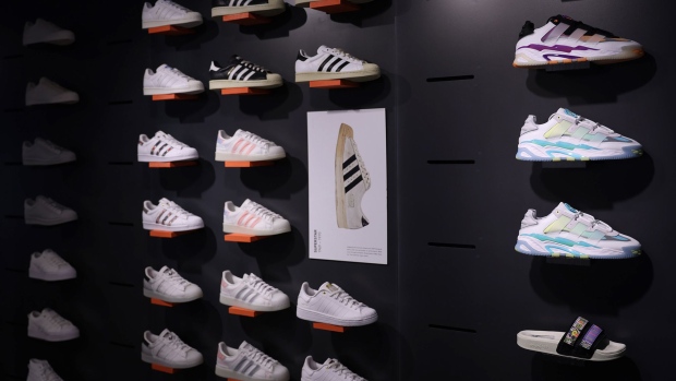 Sneakers on display inside an Adidas AG store in London.
