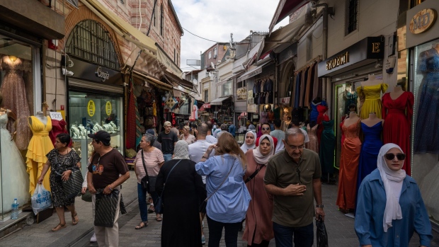 Visitors and shoppers at Mahmutpasha Bazaar in the Fatih district of Istanbul, Turkey, on Tuesday, Sept. 20, 2022. Key Turkish banks are buying back shares after stocks reversed an unprecedented rally last week, providing relief for brokerages hit by the rout.