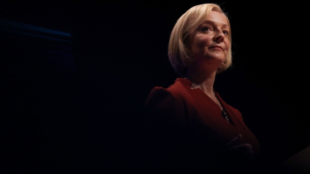 Liz Truss, UK prime minister, delivers her keynote speech during the Conservative Party's annual autumn conference in Birmingham, UK, on Wednesday, Oct. 5, 2022. Truss is struggling to keep control less than a month into her tenure, already forced into a humiliating U-turn over her plan to cut income tax for Britain’s highest earners, which spooked financial markets and hammered support for the Tories in opinion polls. Photographer: Hollie Adams/Bloomberg
