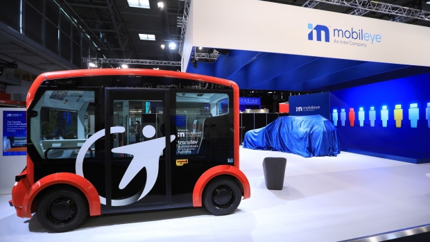 An autonomous bus on the Mobileye stand during the IAA Munich Motor Show in Munich, Germany, on Tuesday, Sept. 7, 2021. The IAA, taking place in Munich for the first time, is the first in-person major European car show since the Coronavirus pandemic started.