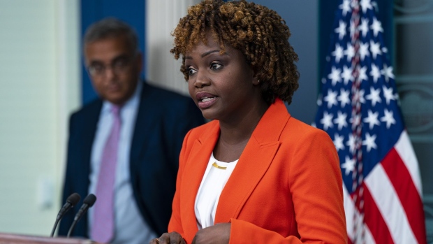 Karine Jean-Pierre, White House press secretary, speaks during a news conference in the James S. Brady Press Briefing Room at the White House in Washington, DC, US, on Tuesday, Oct. 25, 2022. The White House is asking businesses to help employees get updated coronavirus vaccines by hosting on-site clinics and will initiate a new program providing some Americans with free home delivery of Covid-19 treatments before an expected surge of the virus this fall.