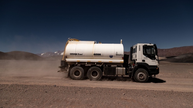 A truck transports fresh water to the site of Liex's 3Q lithium mine project near Fiambala, Catamarca province, Argentina, on Sunday, Dec. 5, 2021. Liex, a wholly-owned subsidiary of Neo Lithium, operates the project in the Catamarca province, the largest and oldest lithium producing region in Argentina. Photographer: Anita Pouchard Serra/Bloomberg