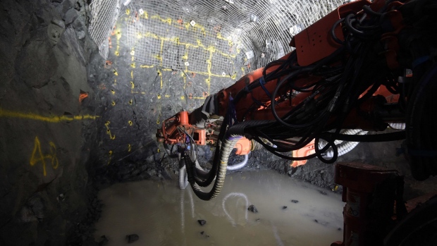 A drilling machine inside an underground tunnel at a gold mine in Kalgoorlie-Boulder, Western Australia.