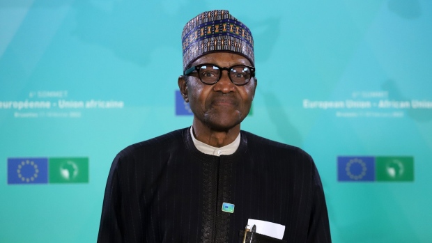 Muhammadu Buhari, Nigeria's president, at the European Union-Africa Union Summit in Brussels, Belgium, on Thursday, Feb. 17, 2022. Brussels welcomes about 40 African leaders for the first time in eight years, aiming to reset European relations with the continent as it vies with China for influence.