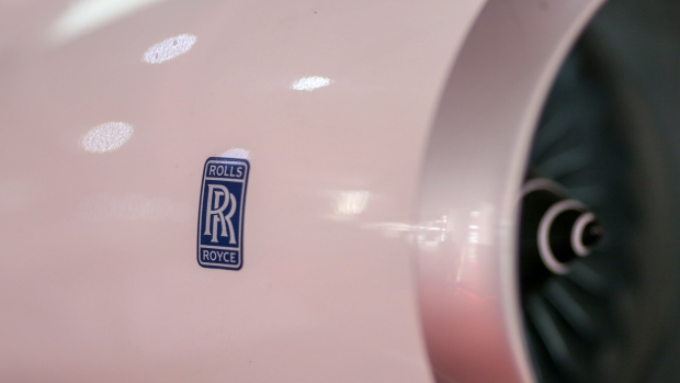 A Rolls Royce logo is displayed on the engine of a model aircraft during the Wings India 2022 Air Show held at Begumpet Airport in Hyderabad, India, on Thursday, March 24, 2022. The air show runs through March 27. Photographer: Dhiraj Singh/Bloomberg