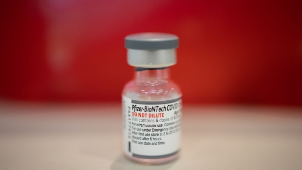 A vial of the Pfizer-BioNTech Covid-19 vaccine at a clinic inside Trinity Evangelic Lutheran Church in Lansdale, Pennsylvania, U.S, on Tuesday, Apr. 5, 2022. U.S. regulators cleared second booster doses of Covid-19 vaccine from Moderna Inc. and the partnership of Pfizer Inc. and BioNTech SE for adults 50 and older, making millions more people eligible for the shots as concern grows about a potential new wave of infections.