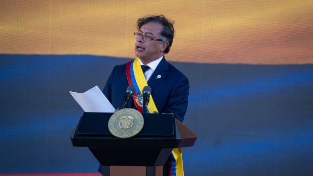 Gustavo Petro, Colombia's president, speaks during an inauguration ceremony at Plaza Bolivar in Bogota, Colombia, on Sunday, Aug. 7, 2022. Colombia's first leftist president starts his four-year term on Sunday, inheriting shaky public finances that will make it tough for him to deliver the lavish social programs his supporters expect.