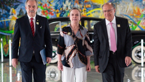 Aloizio Mercadante, campaign manager of The Workers' Party (PT), from left, Senator Gleisi Hoffman, president of The Workers' Party (PT), Geraldo Alckmin, Brazil's vice president-elect, arrive to a press conference at the Planalto Palace in Brasilia, Brazil, on Thursday, Nov. 3, 2022. Brazilian President Jair Bolsonaro vowed to respect the constitution and while stopping short of formally conceding defeat, authorized the government to start the political transition after his loss to Luiz Inacio Lula da Silva.