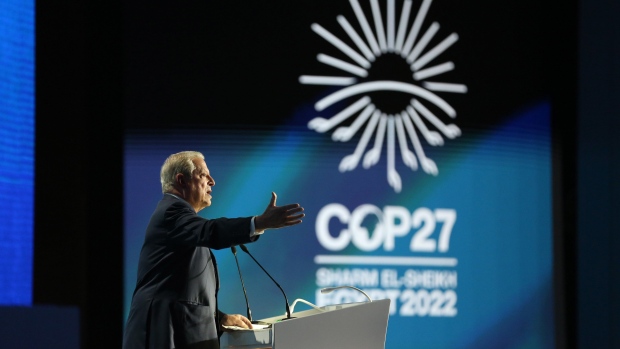 Al Gore, chairman of Generation Investment Management LLP, speaks during a plenary session at the COP27 climate conference at the Sharm El Sheikh International Convention Centre in Sharm El-Sheikh, Egypt, on Monday, Nov. 7, 2022. More than 100 world leaders started arriving in the Egyptian resort of Sharm el-Sheikh for the UN’s annual climate change summit, attempting to maintain momentum in the battle to curb planet-warming emissions.