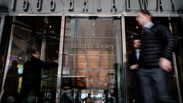 People exit the Morgan Stanley headquarters building in New York, U.S., on Thursday, April 12, 2018. Morgan Stanley is scheduled to release earnings figures on April 18.